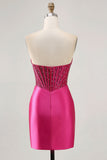 Sparkly Fuchsia Corset Tight Satin Short Graduation Dress