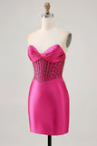 Sparkly Fuchsia Corset Tight Satin Short Graduation Dress