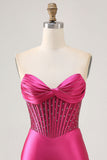 Sparkly Fuchsia Corset Tight Satin Short Graduation Dress