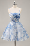 A Line White Blue Flower Corset Printed Graduation Dress