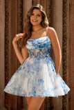 A Line White Blue Flower Corset Printed Graduation Dress