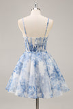 White Blue Flower A Line Corset Ruched Graduation Dress