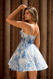 A Line White Blue Flower Corset Printed Graduation Dress