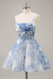 White Blue Flower A Line Corset Ruched Graduation Dress