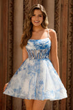 A Line White Blue Flower Corset Printed Graduation Dress