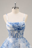 White Blue Flower A Line Corset Ruched Graduation Dress