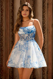 A Line White Blue Flower Corset Printed Graduation Dress