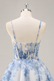 White Blue Flower A Line Corset Ruched Graduation Dress