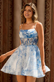 A Line White Blue Flower Corset Printed Graduation Dress