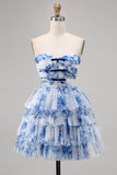 A Line Strapless Tiered Corset White Blue Flower Graduation Dress with Lace Up Back