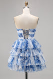 A Line Strapless Tiered Corset White Blue Flower Graduation Dress with Lace Up Back