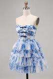 A Line Strapless Tiered Corset White Blue Flower Graduation Dress with Lace Up Back