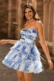 Strapless Tiered White Blue Flower Graduation Dress with Lace Up Back