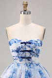 A Line Strapless Tiered Corset White Blue Flower Graduation Dress with Lace Up Back