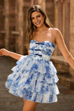 Strapless Tiered White Blue Flower Graduation Dress with Lace Up Back