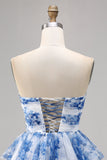A Line Strapless Tiered Corset White Blue Flower Graduation Dress with Lace Up Back