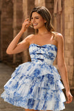 Strapless Tiered White Blue Flower Graduation Dress with Lace Up Back