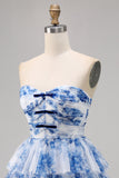 A Line Strapless Tiered Corset White Blue Flower Graduation Dress with Lace Up Back