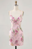Sparkly Sequins Pink Bodycon Short Floral Graduation Dress