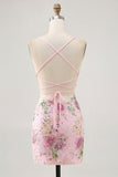 Sparkly Sequins Pink Bodycon Short Floral Graduation Dress