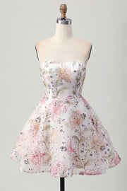 Sparkly A-Line Strapless Floral Short Graduation Dress with Sequins
