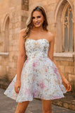 Sparkly Sequins A-Line Strapless Floral Short Graduation Dress