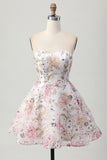 Sparkly A-Line Strapless Floral Short Graduation Dress with Sequins