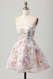 Sparkly A-Line Strapless Floral Short Graduation Dress with Sequins
