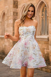 Sparkly Sequins A-Line Strapless Floral Short Graduation Dress