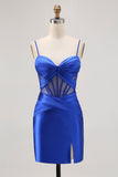 Royal Blue Sheer Corset Pleated Tight Graduation Dress with Slit