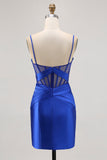 Royal Blue Sheer Corset Pleated Tight Graduation Dress with Slit
