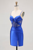 Royal Blue Sheer Corset Pleated Tight Graduation Dress with Slit