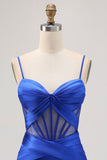 Royal Blue Sheer Corset Pleated Tight Graduation Dress with Slit