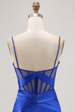 Royal Blue Sheer Corset Pleated Tight Graduation Dress with Slit