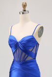 Royal Blue Sheer Corset Pleated Tight Graduation Dress with Slit