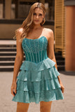 Peacock Green A-Line Corset Tiered Strapless Graduation Dress