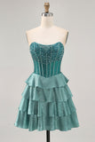 Peacock Green A-Line Corset Tiered Strapless Graduation Dress