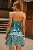 Peacock Green A-Line Corset Tiered Strapless Graduation Dress