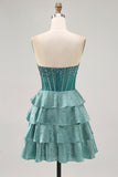Peacock Green A-Line Corset Tiered Strapless Graduation Dress