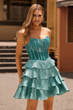 Peacock Green A-Line Corset Tiered Strapless Graduation Dress