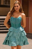 Peacock Green A-Line Corset Tiered Strapless Graduation Dress