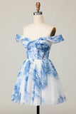 White Blue Flower Off the Shoulder A Line Short Graduation Dress