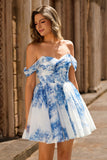 Off the Shoulder White Blue Flower A Line Short Graduation Dress