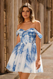 Off the Shoulder White Blue Flower A Line Short Graduation Dress