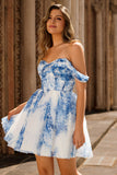 Off the Shoulder White Blue Flower A Line Short Graduation Dress
