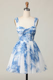 White Blue Flower Off the Shoulder A Line Short Graduation Dress