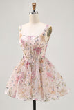 Sparkly Floral A-line Square Neck Sequins Short Graduation Dress with Lace Up Back