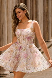 Sparkly A-line Square Neck Sequins Floral Short Graduation Dress
