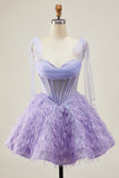 Lilac A-Line Spaghetti Straps Corset Beaded Short Graduation Dress with Feathers