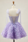 Lilac A-Line Spaghetti Straps Corset Beaded Short Graduation Dress with Feathers